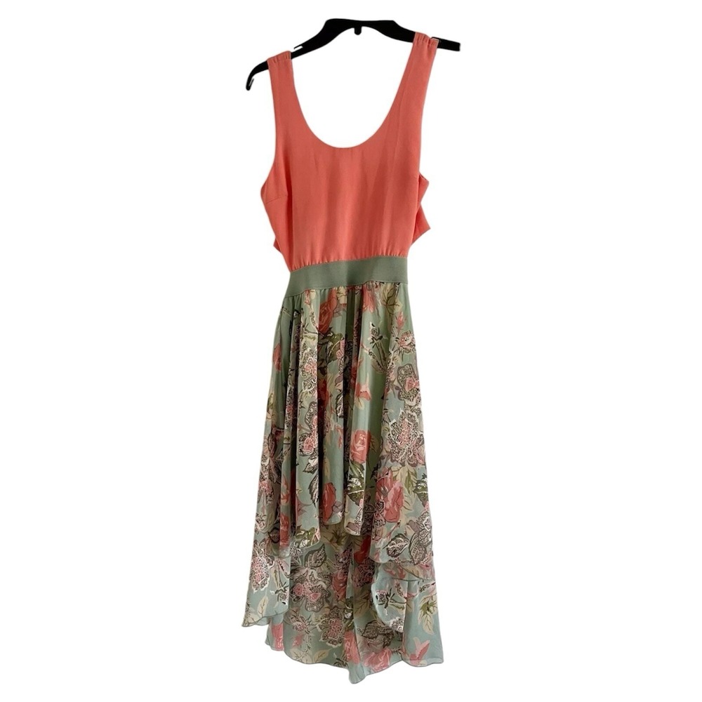 JUST ME Women's Green/Orange Floral Sleeveless Chico 100% Polyester Dress-SMALL